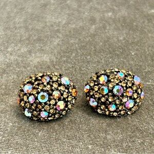 Vintage Amber Aurora borealis AB crystal rhinestone oval clip on earrings